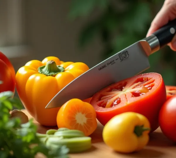 Photographie réaliste montrant un couteau tranchant avec des tranches précises de légumes frais, sans texte ni logo