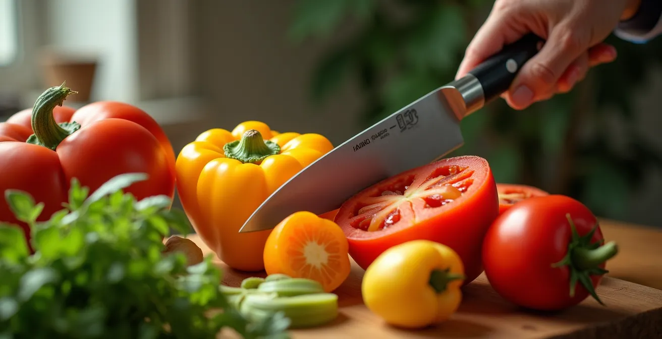 Photographie réaliste montrant un couteau tranchant avec des tranches précises de légumes frais, sans texte ni logo