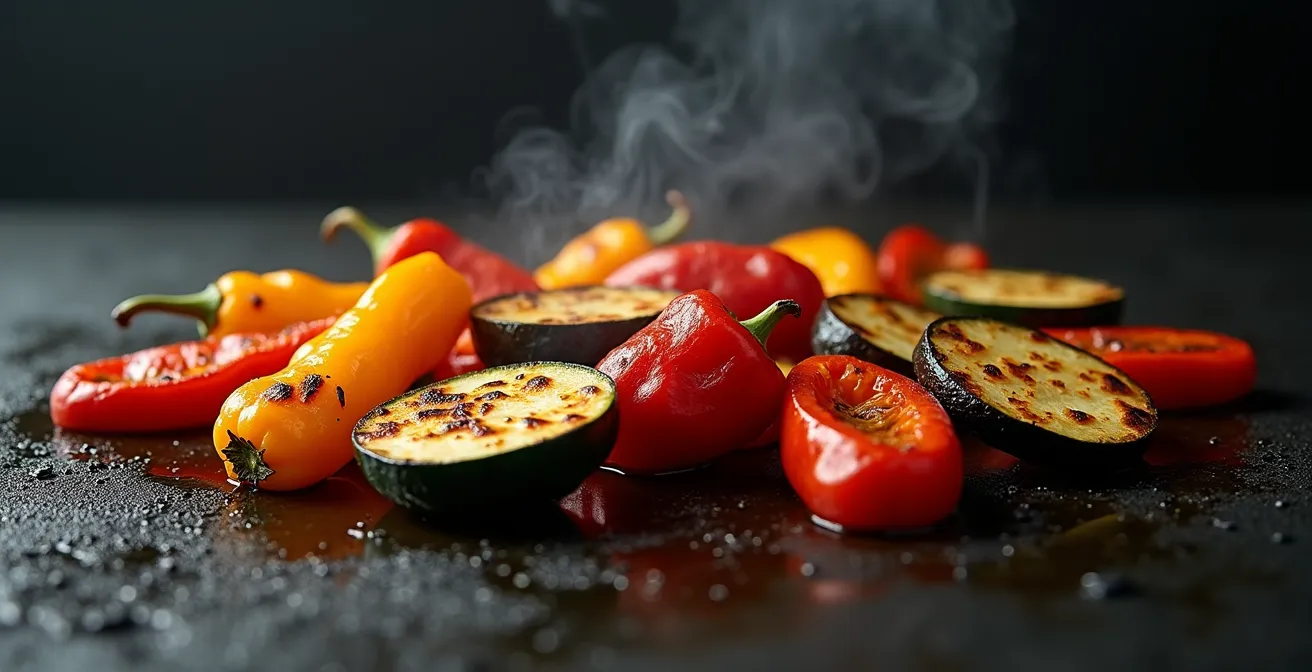 Assortiment coloré de légumes grillés avec marques de caramélisation dorées