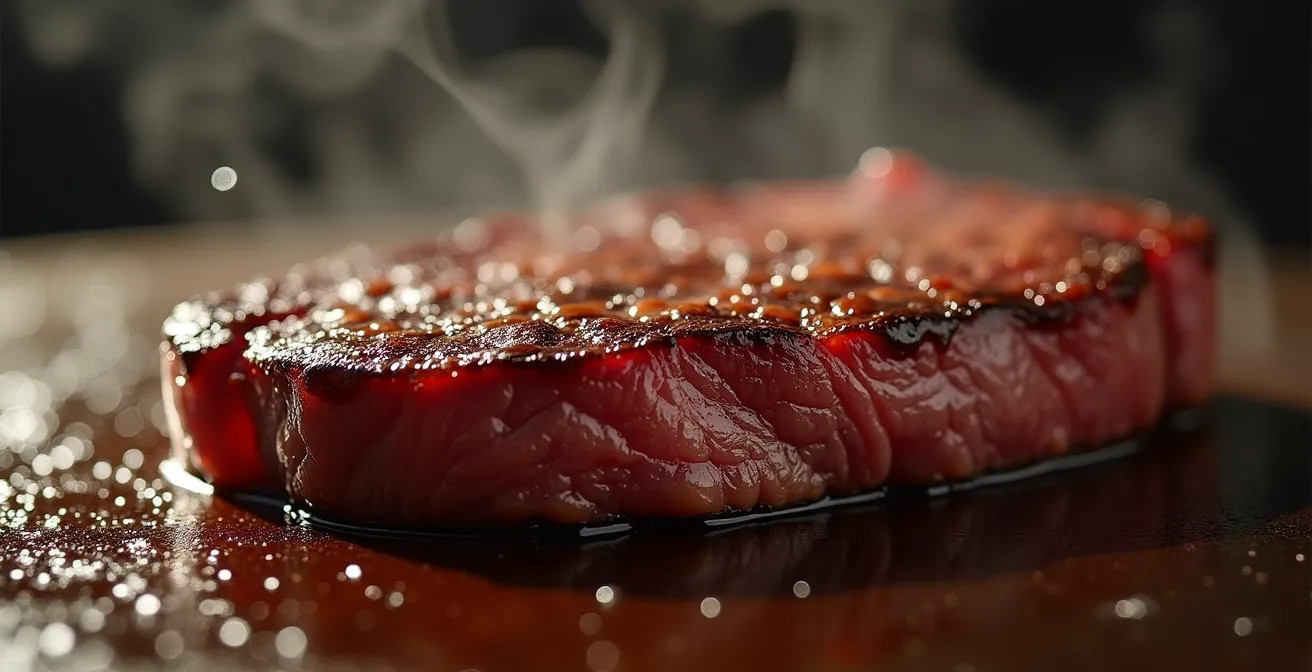 Gros plan sur une pièce de viande avec croûte caramélisée sur plancha