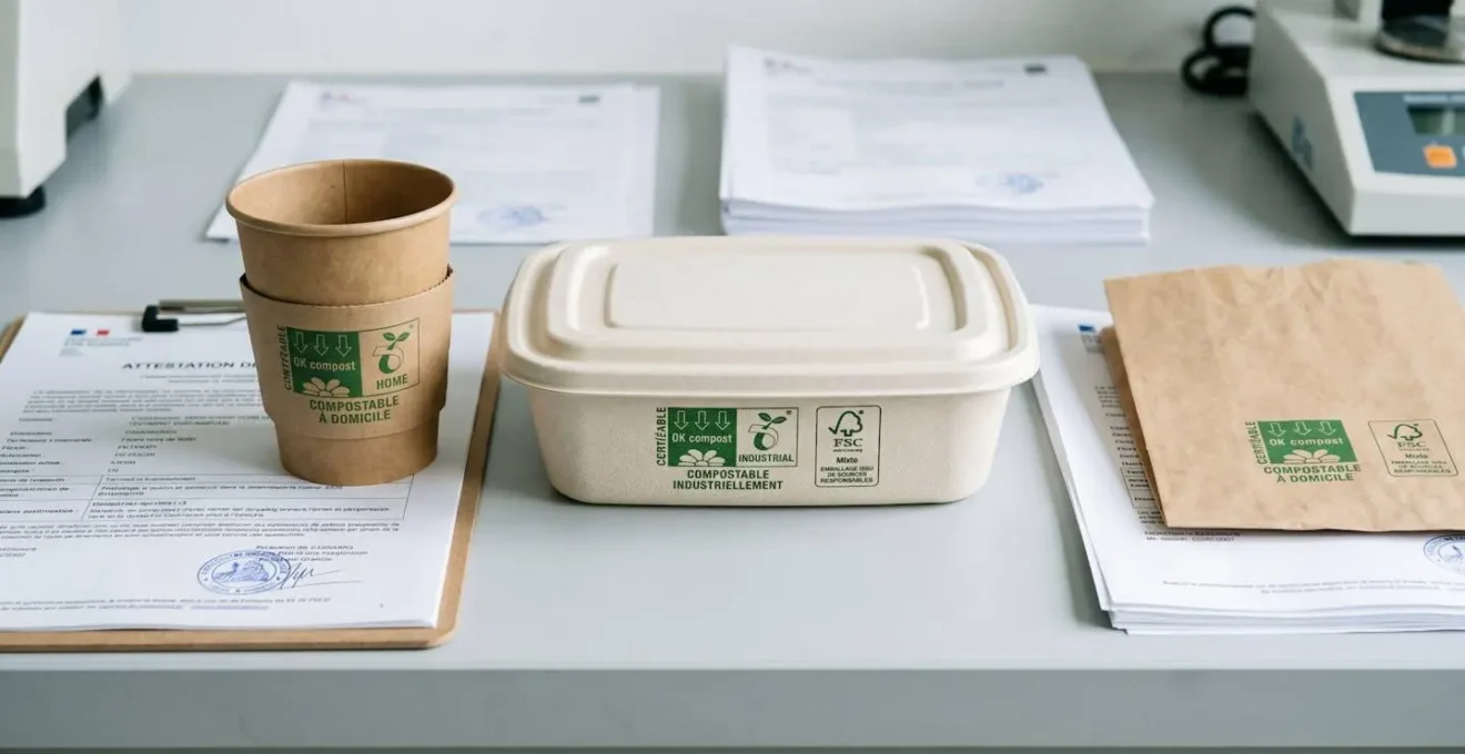 Assortiment d'emballages alimentaires certifiés disposés sur plan de travail blanc, montrant clairement les labels OK Compost HOME, INDUSTRIAL et FSC, avec documents de certification en français