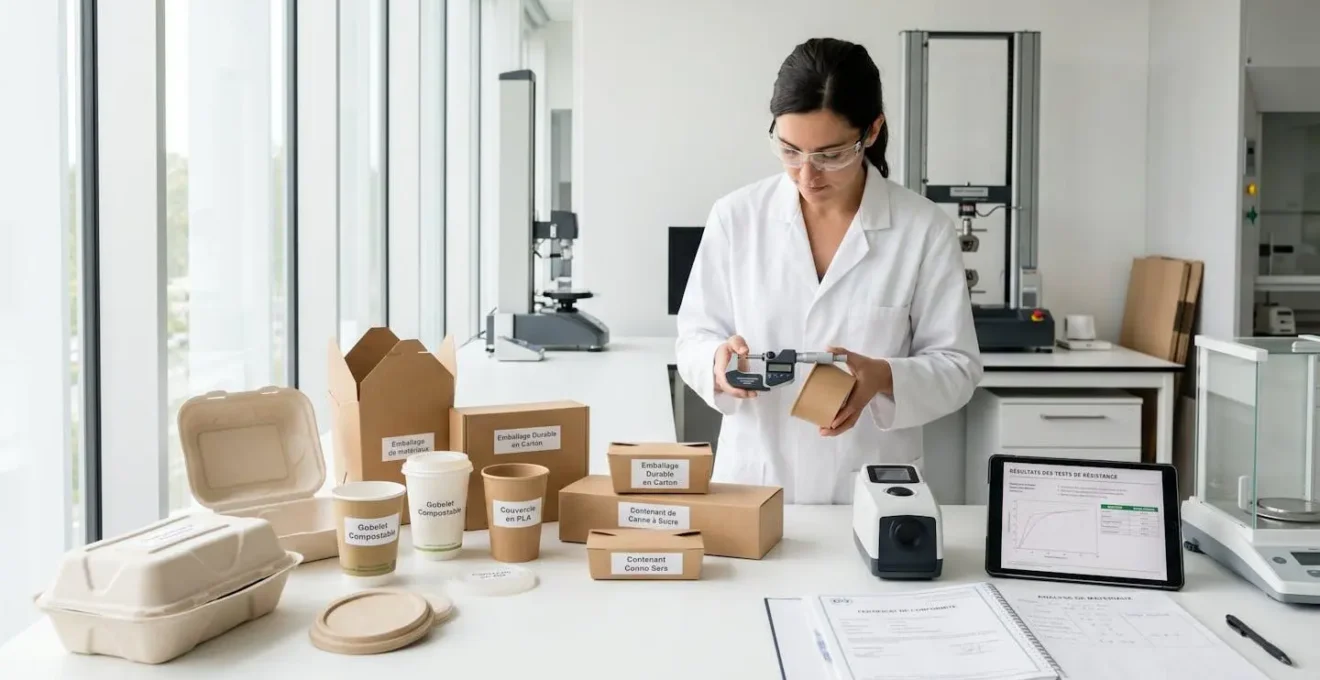 Technicien en blouse blanche examinant des échantillons d'emballages alimentaires durables (contenants kraft, gobelets PLA, barquettes bagasse) sur un plan de travail de laboratoire moderne avec équipements de test et documents de certification