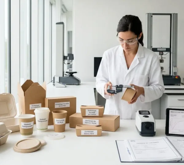 Technicien en blouse blanche examinant des échantillons d'emballages alimentaires durables (contenants kraft, gobelets PLA, barquettes bagasse) sur un plan de travail de laboratoire moderne avec équipements de test et documents de certification