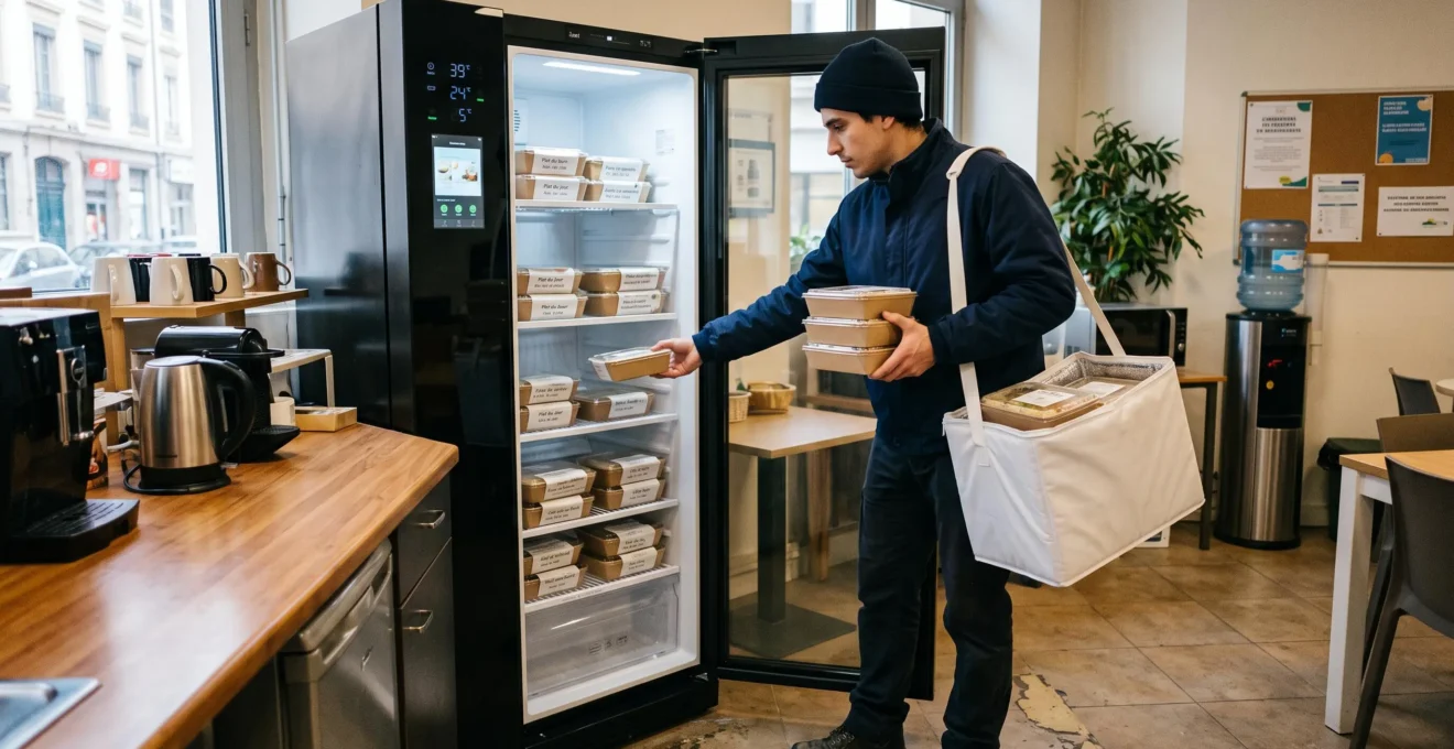 Un livreur en tenue unie sans logo approvisionne un frigo connecté en plaçant des contenants de repas neutres sur les étagères, portant un sac isotherme blanc générique